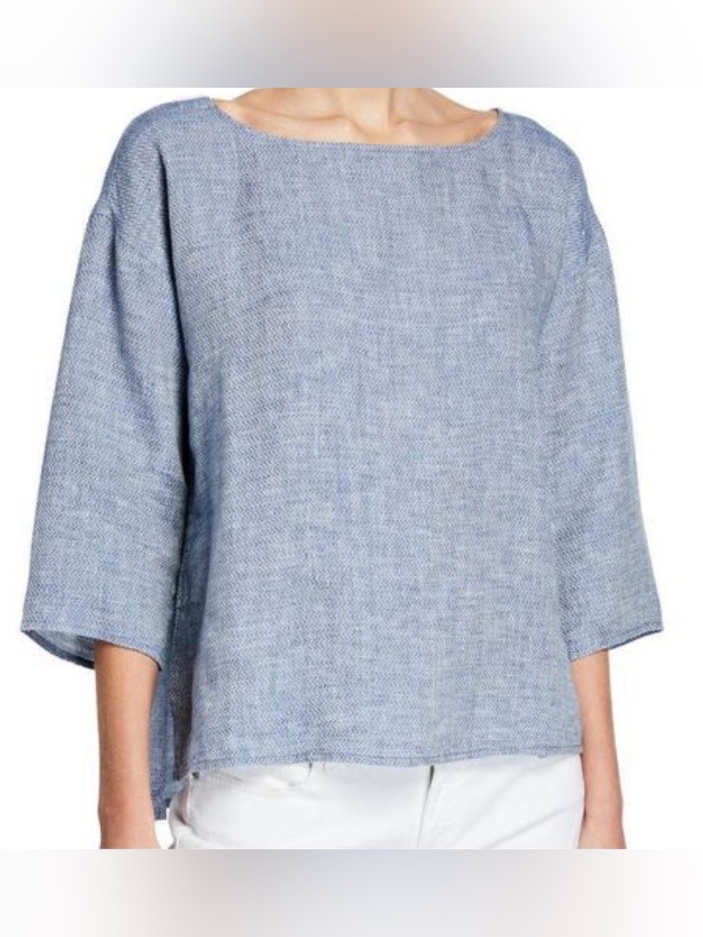 Eileen Fisher Organic Linen Chevron Chambray Bateau Neck 3/4 Sleeve Top Size 1X